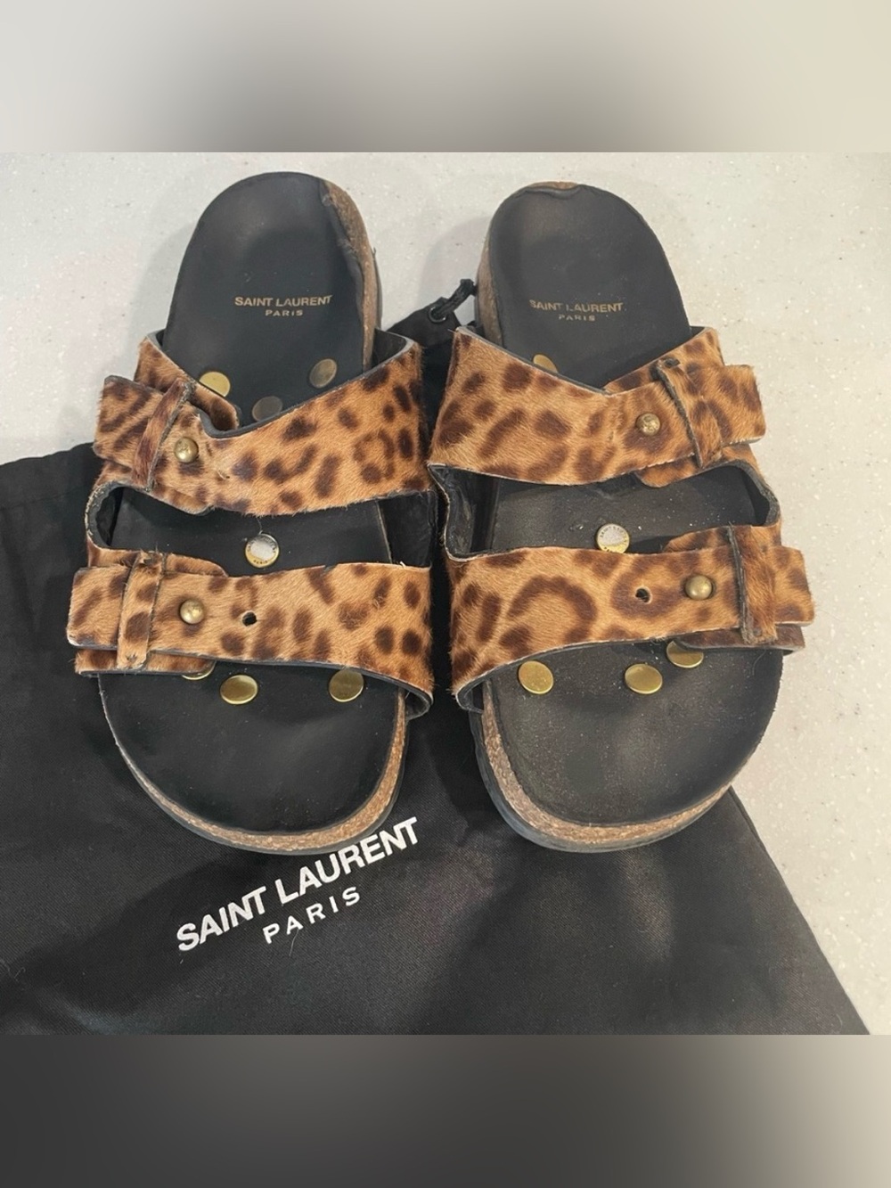Authentic Saint Laurent Leopard Calf Hair Double Buckle Sandals – Size 37 (US 7)